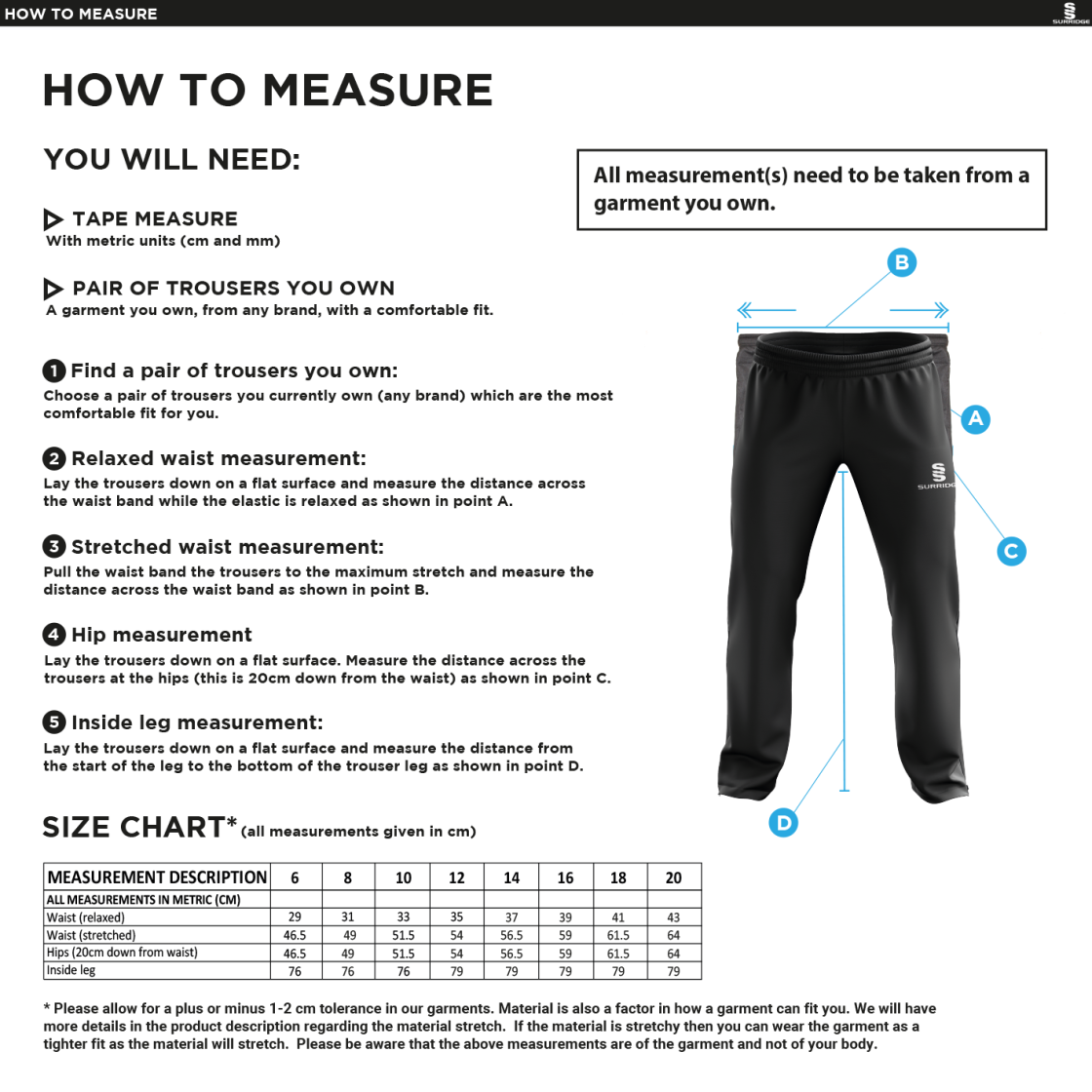 University of Chichester - Womens Ripstop Track Pant - Size Guide