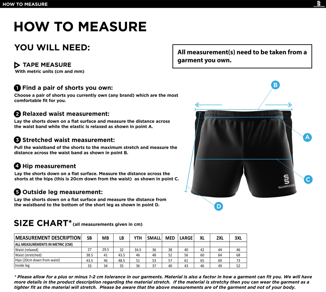 University of Chichester - Mens Shorts - Size Guide