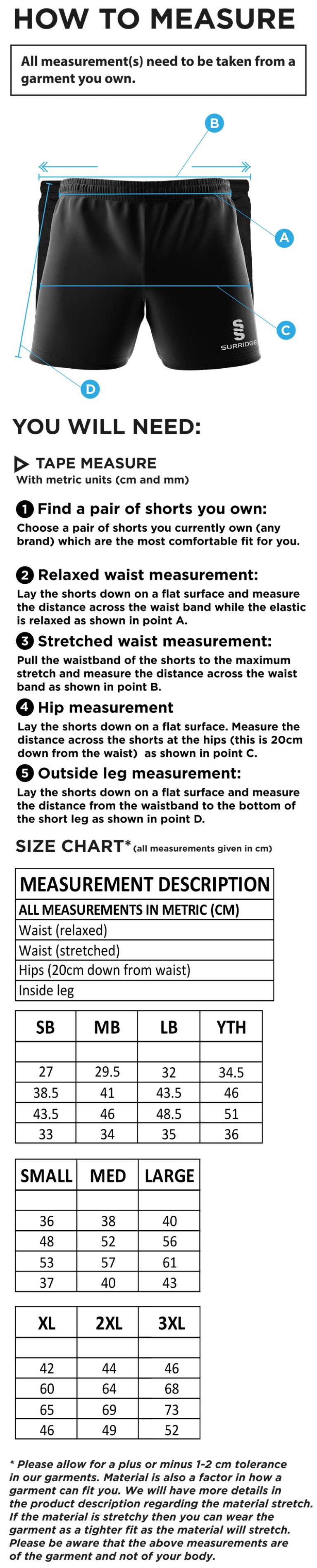 University of Chichester - Mens Shorts - Size Guide