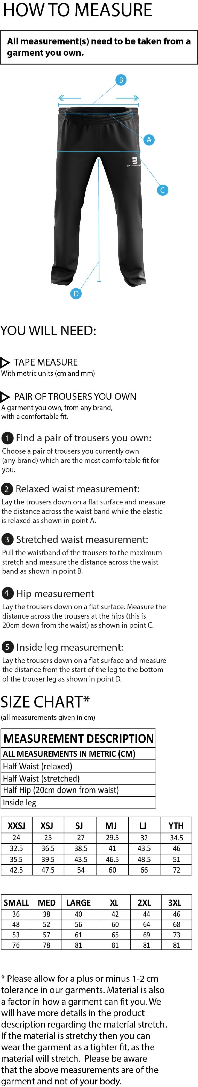 University of Chichester - Mens Track Pants - Size Guide
