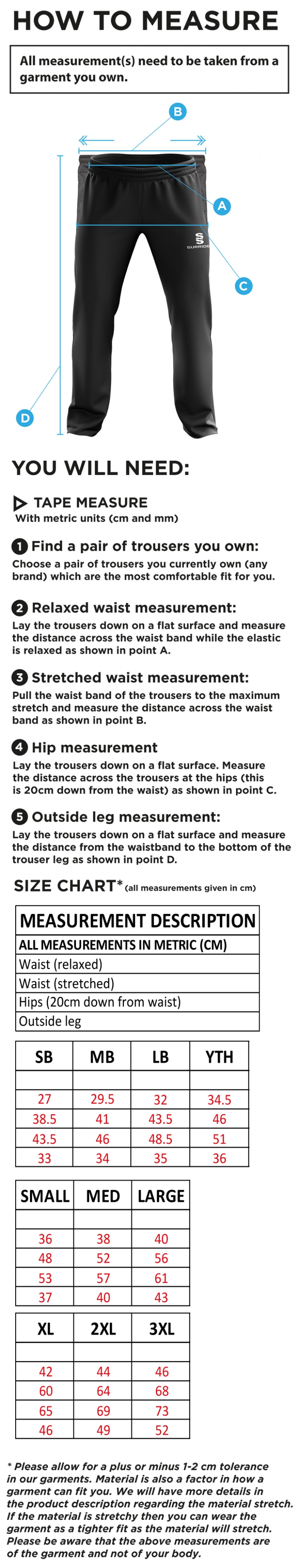 University of Chichester - Mens Ripstop Track Pant - Size Guide