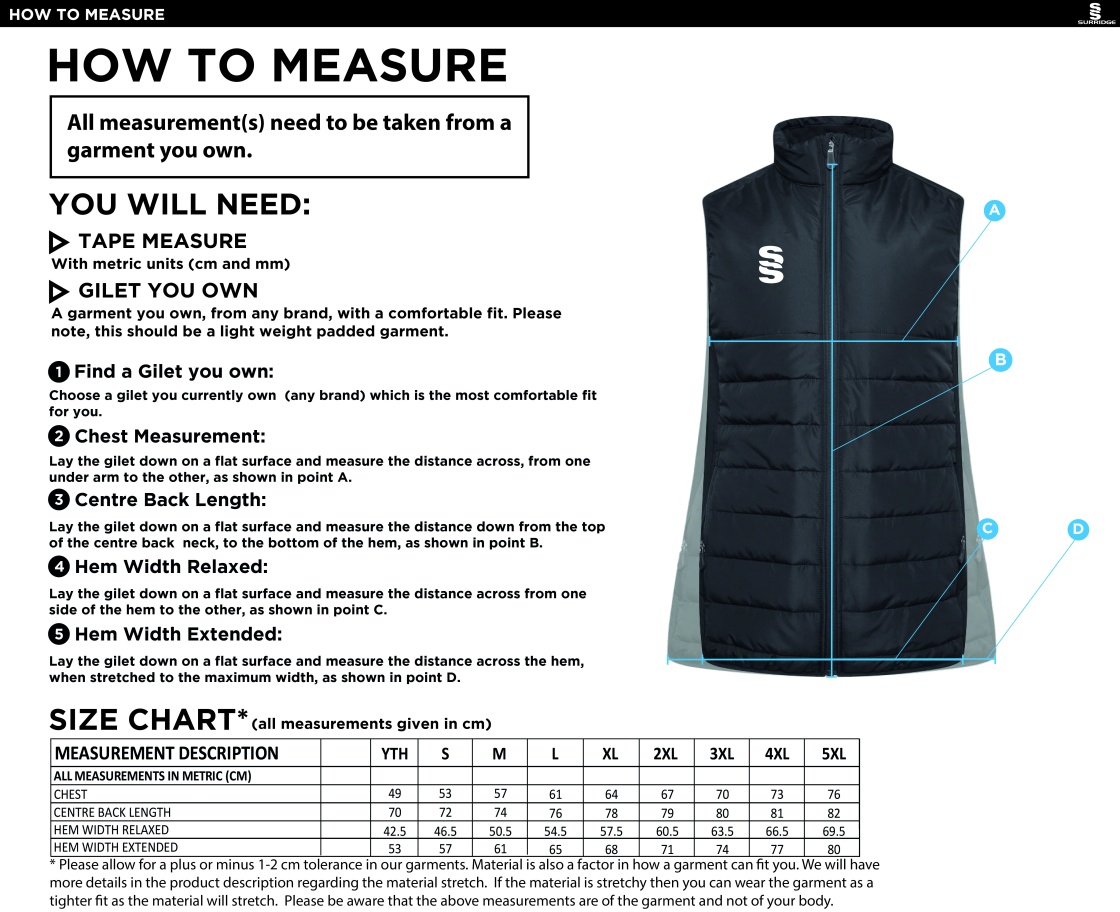 University of Chichester - Gilet - Size Guide