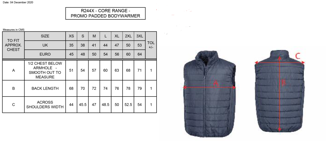 University of Chichester - Gilet - Size Guide