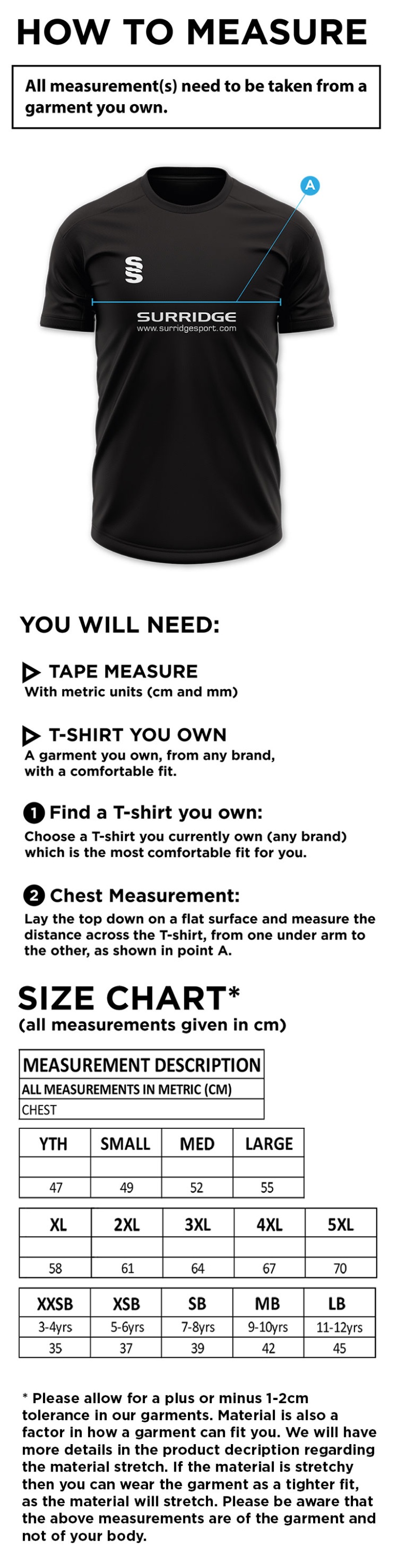 University of Chichester - Gym Training Shirt - Size Guide
