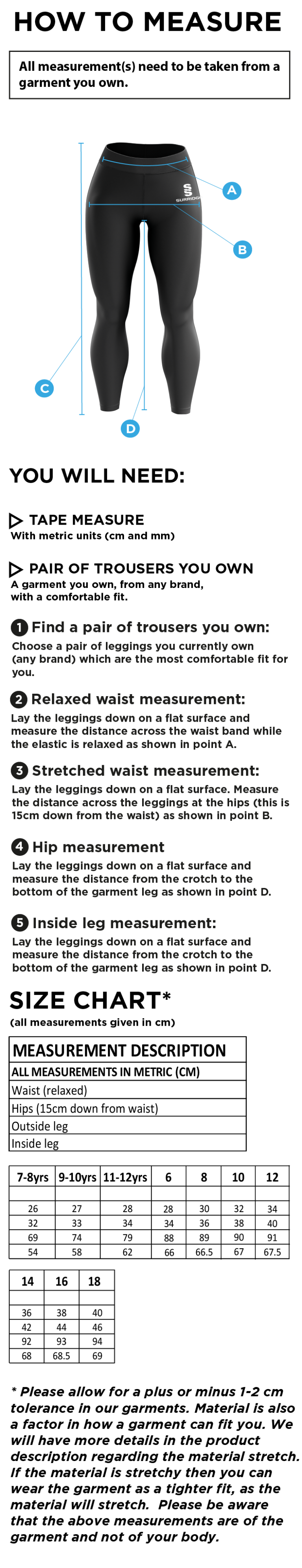 University of Chichester - Leggings - Size Guide