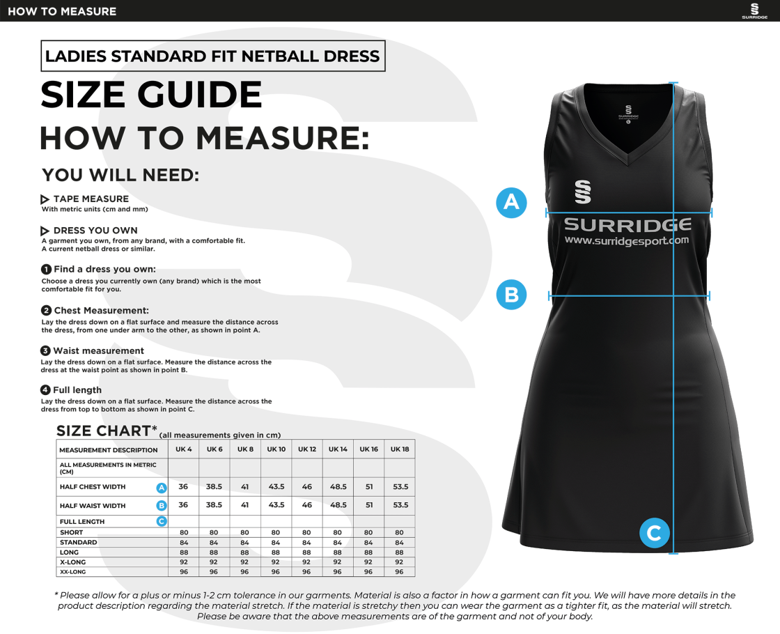 UOC NETBALL DRESS - Size Guide