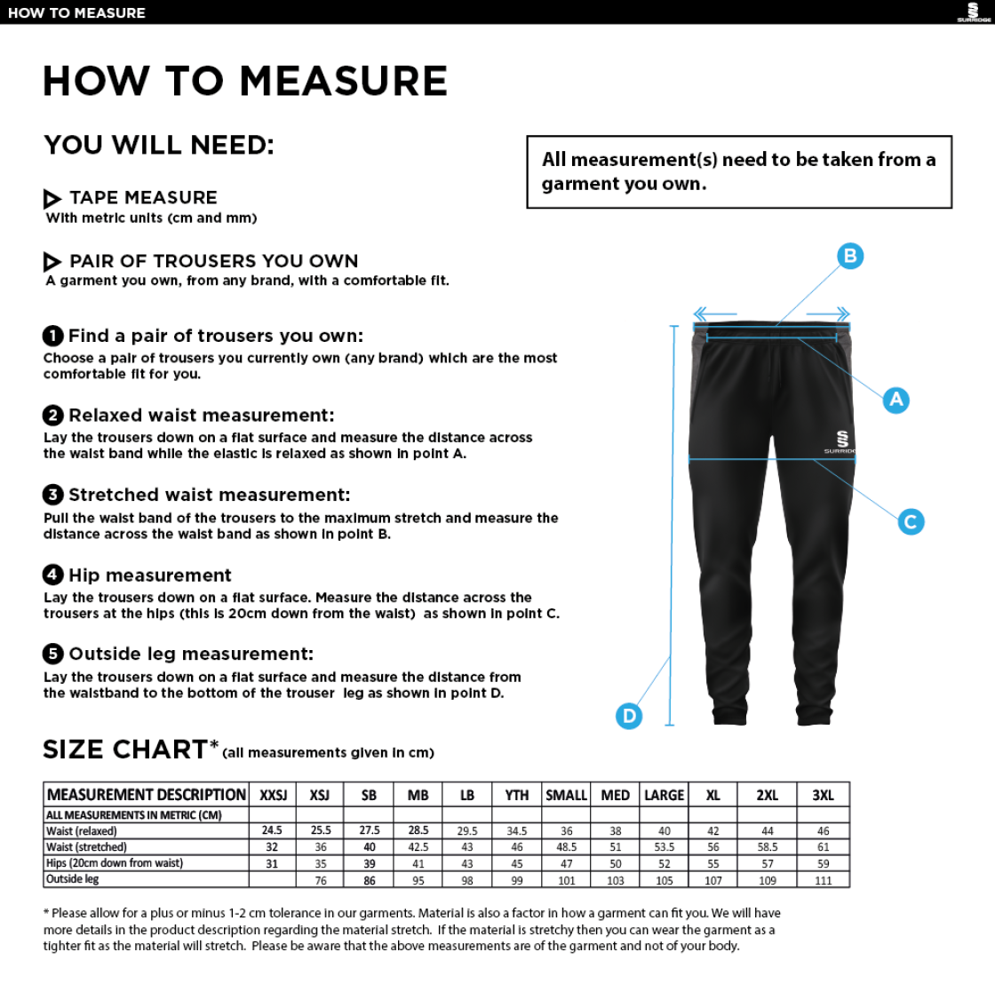 University of Chichester - Tek Slim Training Pants - Size Guide