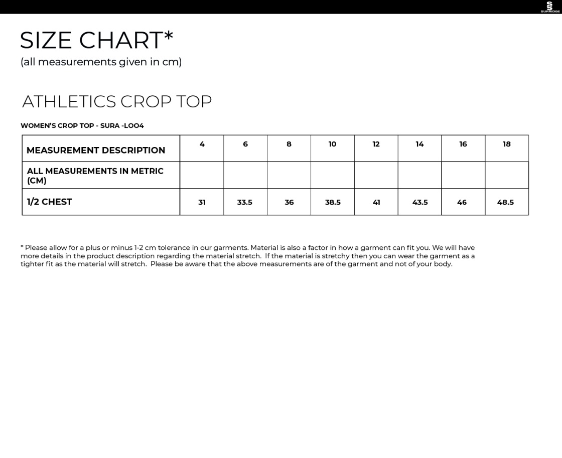 UOC Generic Crop Top - Size Guide