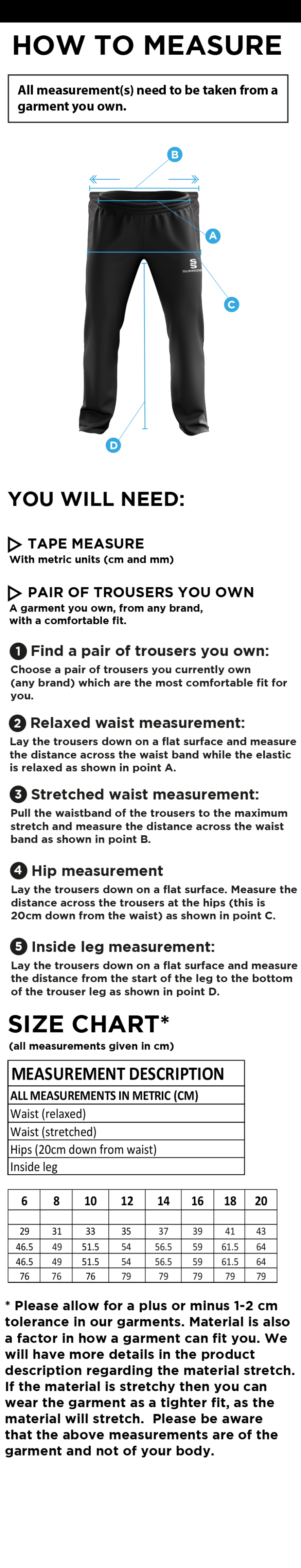 University of Chichester - Womens Ripstop Track Pant - Size Guide