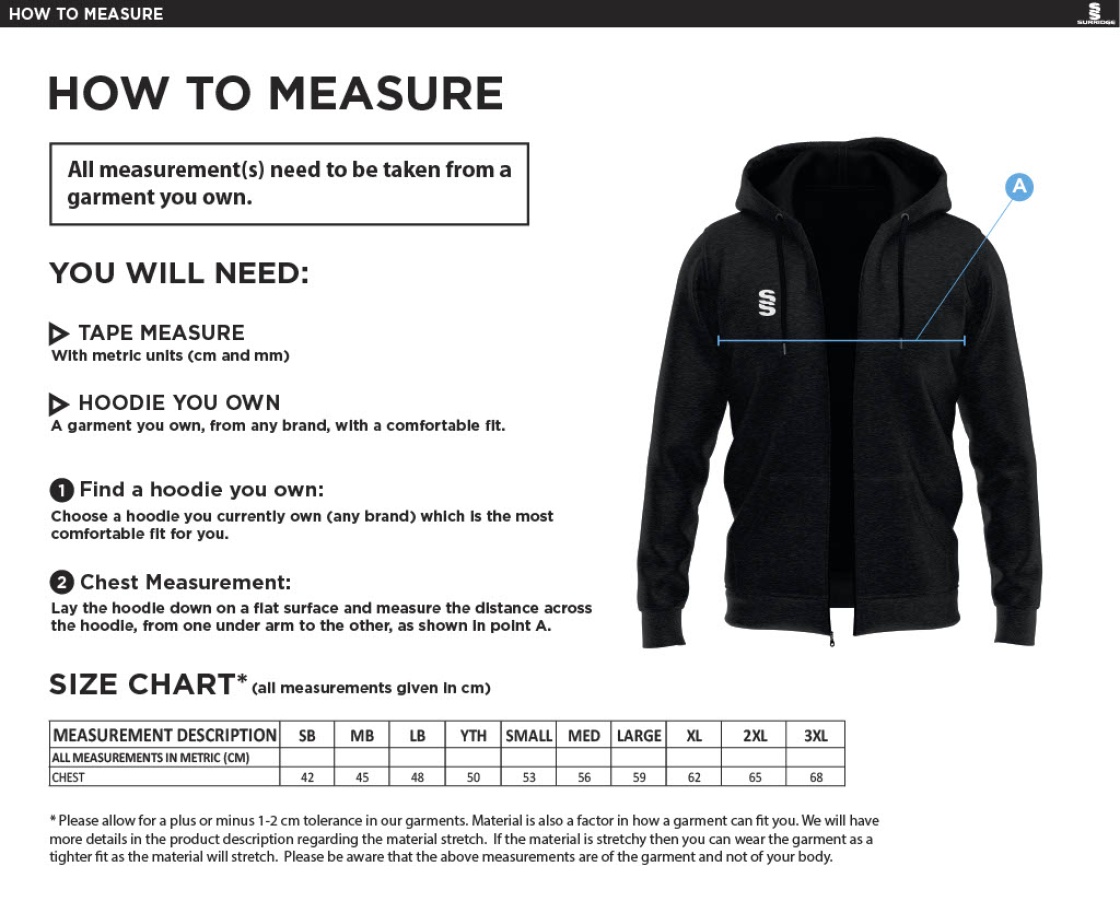 University of Chichester - Full Zip Hoody - Size Guide
