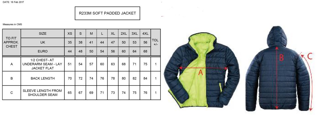 University of Chichester - Padded Jacket - Size Guide