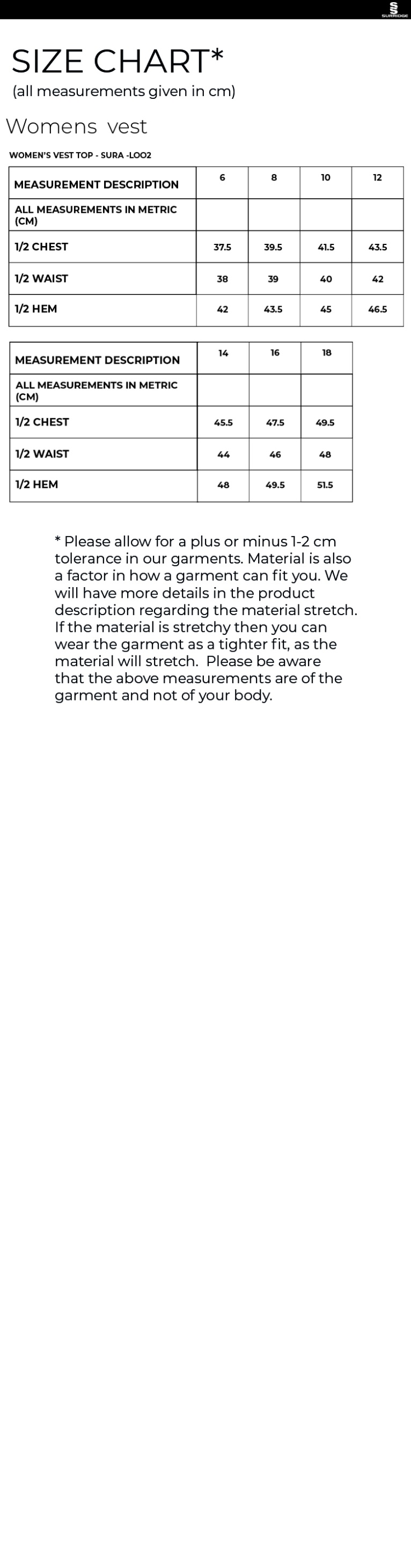 UOC WOMEN'S ATHLETICS VEST - Size Guide