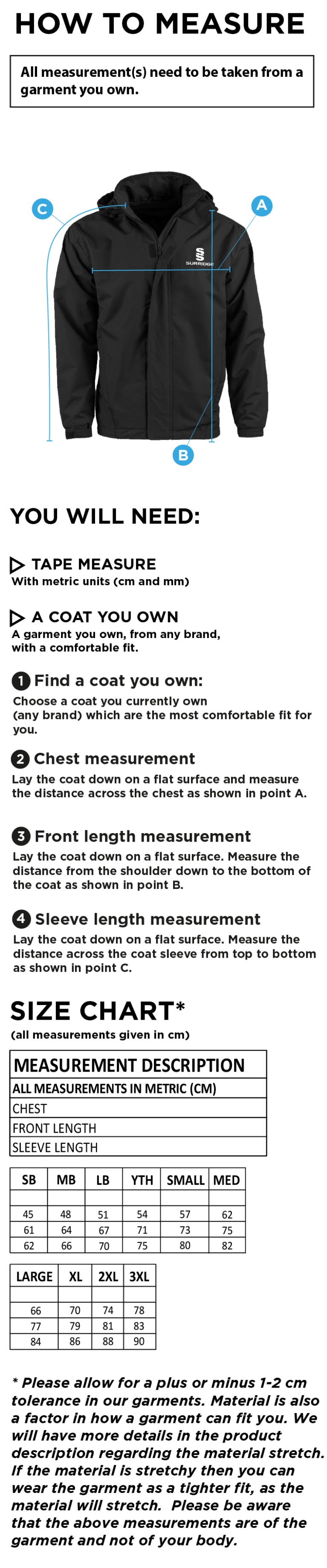 University of Chichester - Fleece Lined Jacket - Size Guide