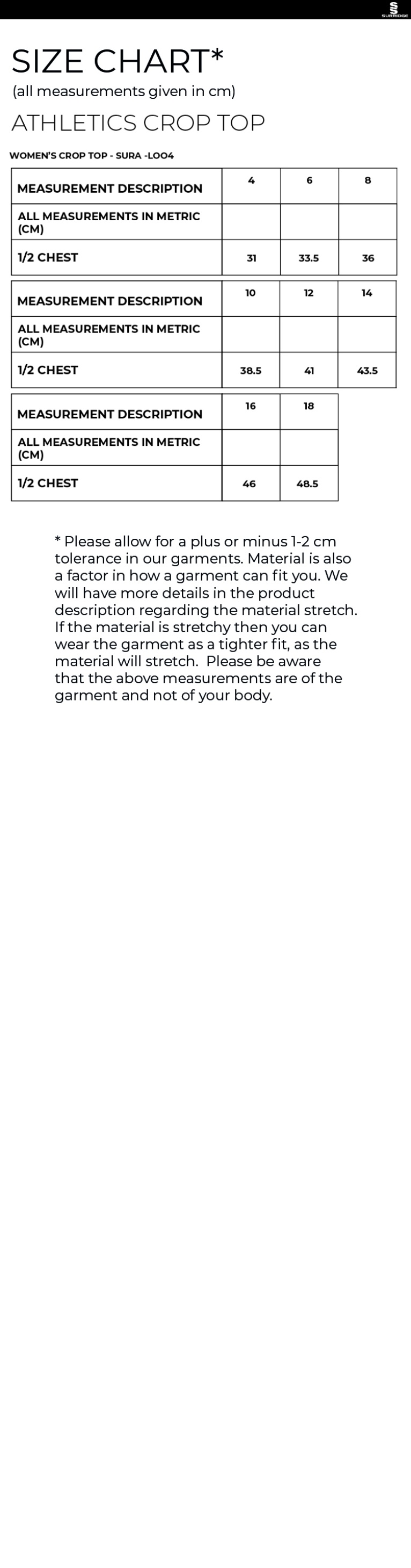 UOC Generic Crop Top - Size Guide