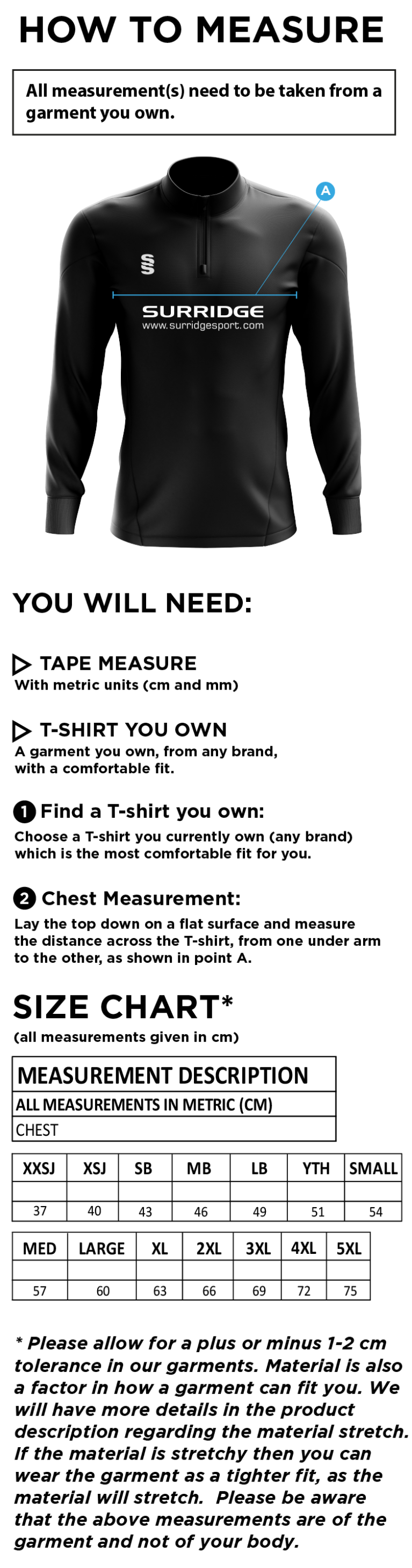 University of Chichester - Performance Top - Size Guide