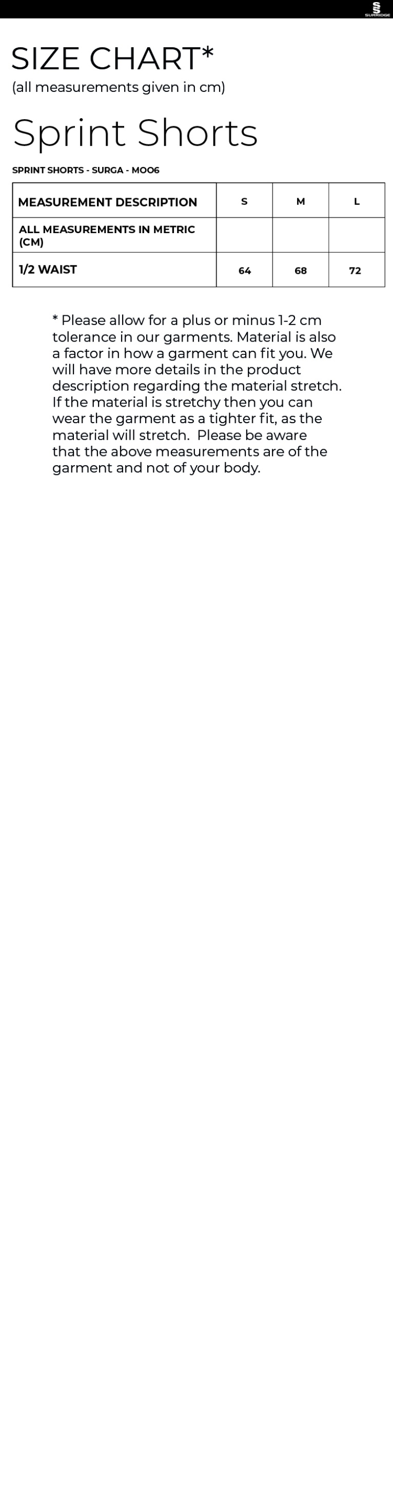 UOC SPRINT SHORTS - Size Guide