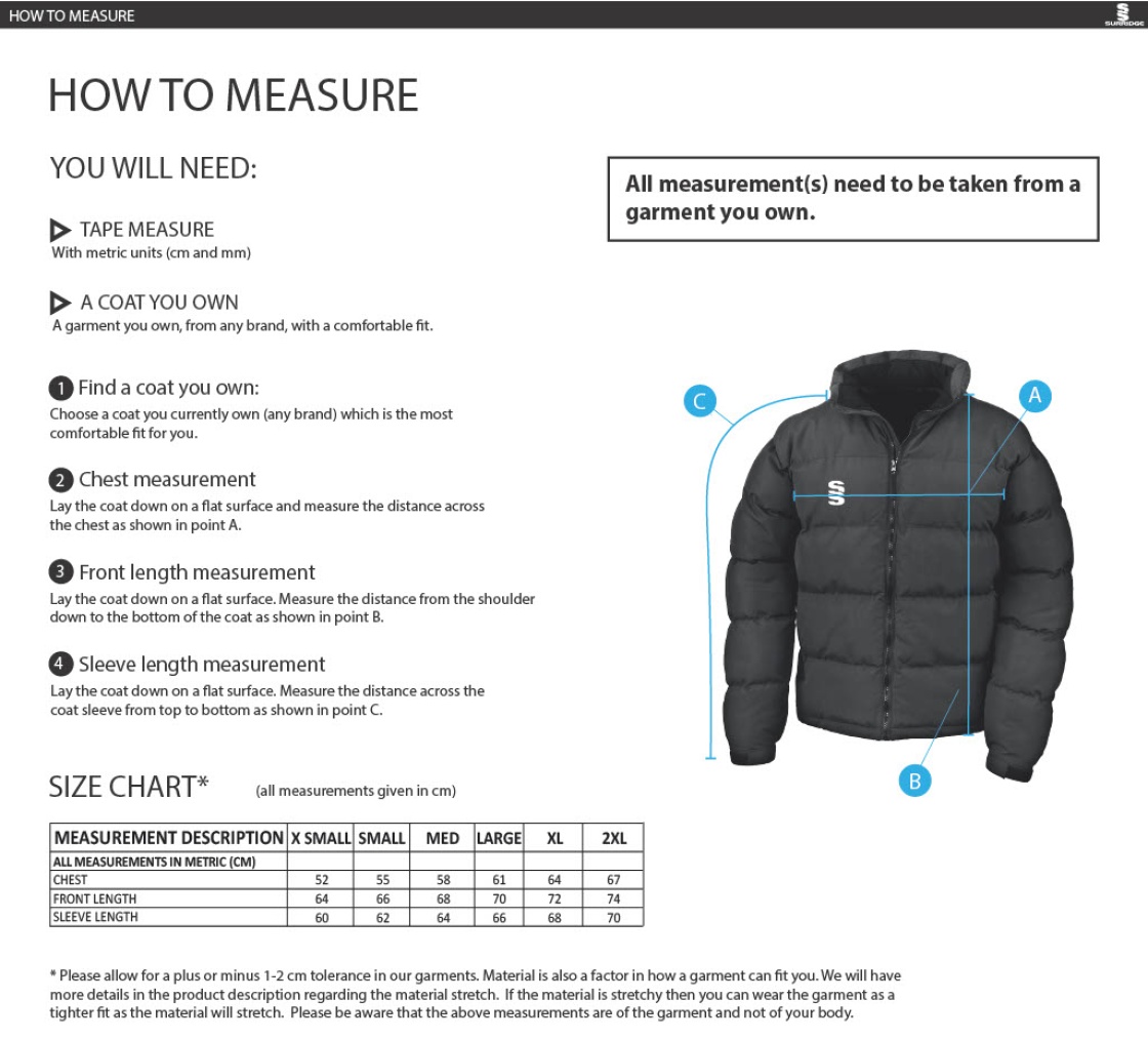 University of Chichester - Esports - Womens Puffa Jacket - Size Guide