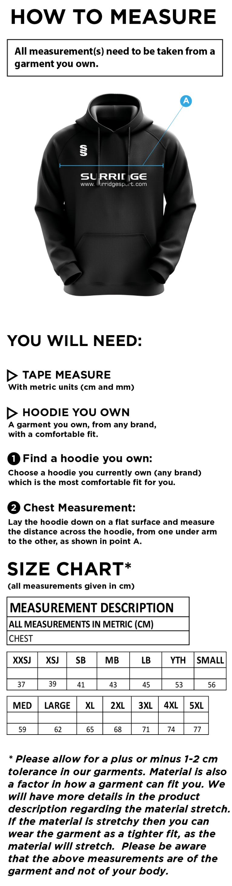 University of Chichester - Overhead Hoodie - Size Guide