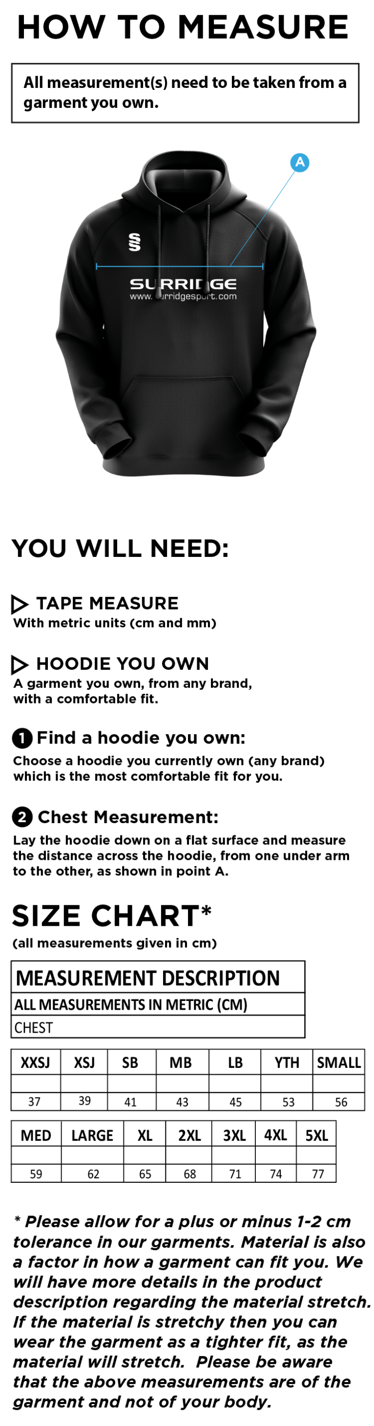 University of Chichester - Esports - Overhead Hoodie - Size Guide