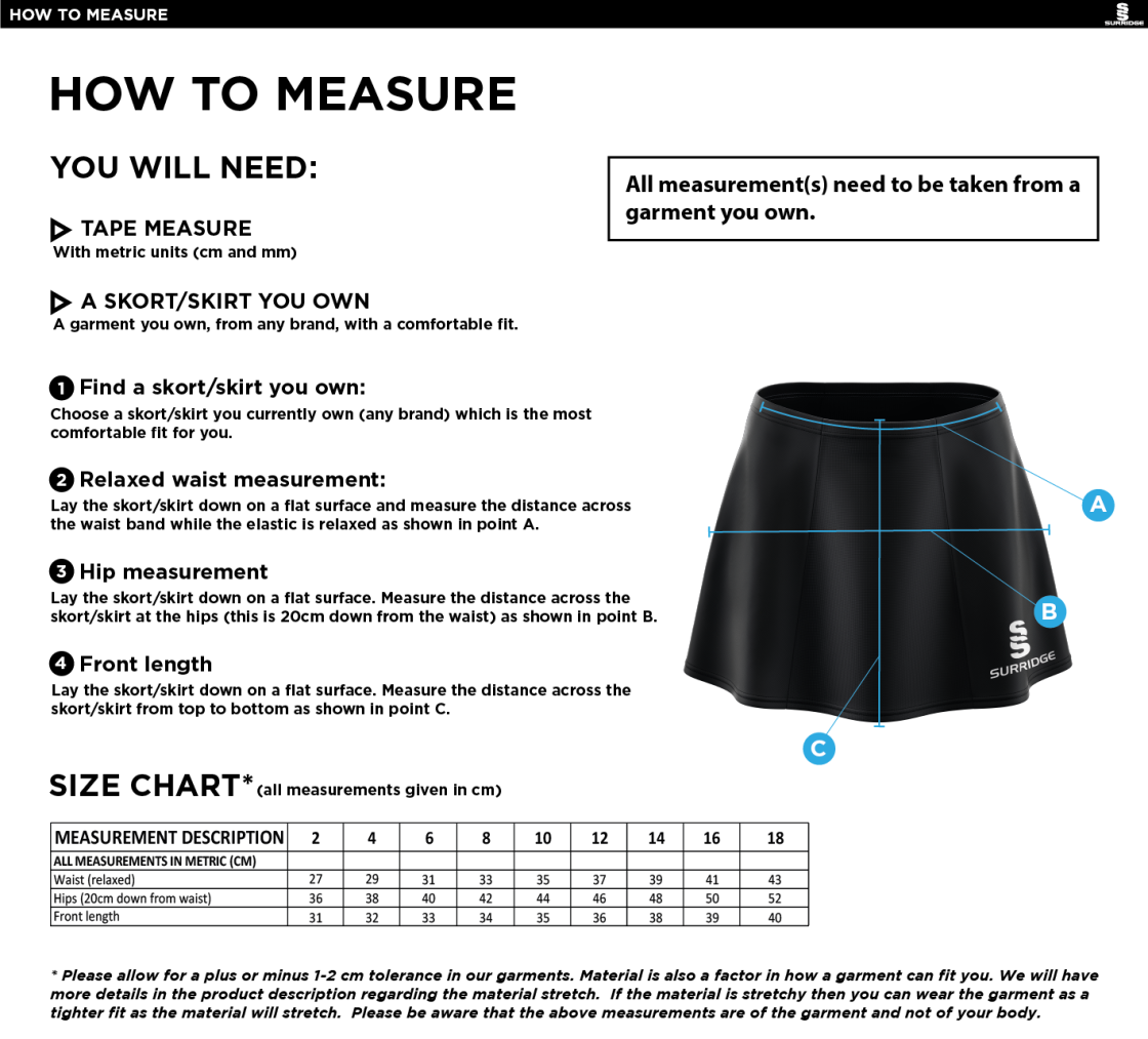 UOC WOMEN'S LACROSSE SKORT - Size Guide