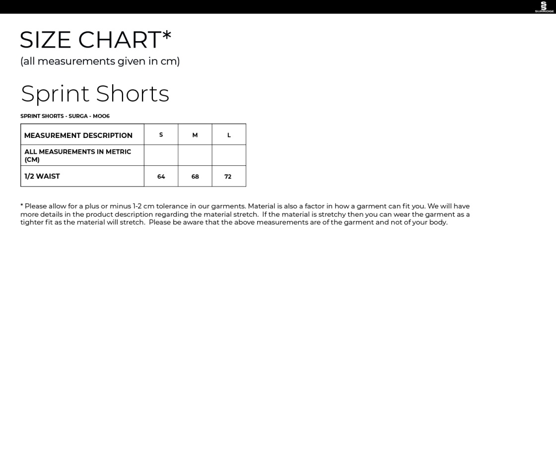 UOC SPRINT SHORTS - Size Guide