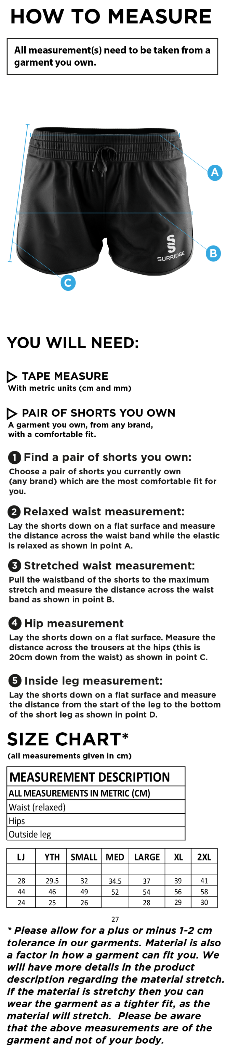 University of Chichester - Womens Shorts - Size Guide