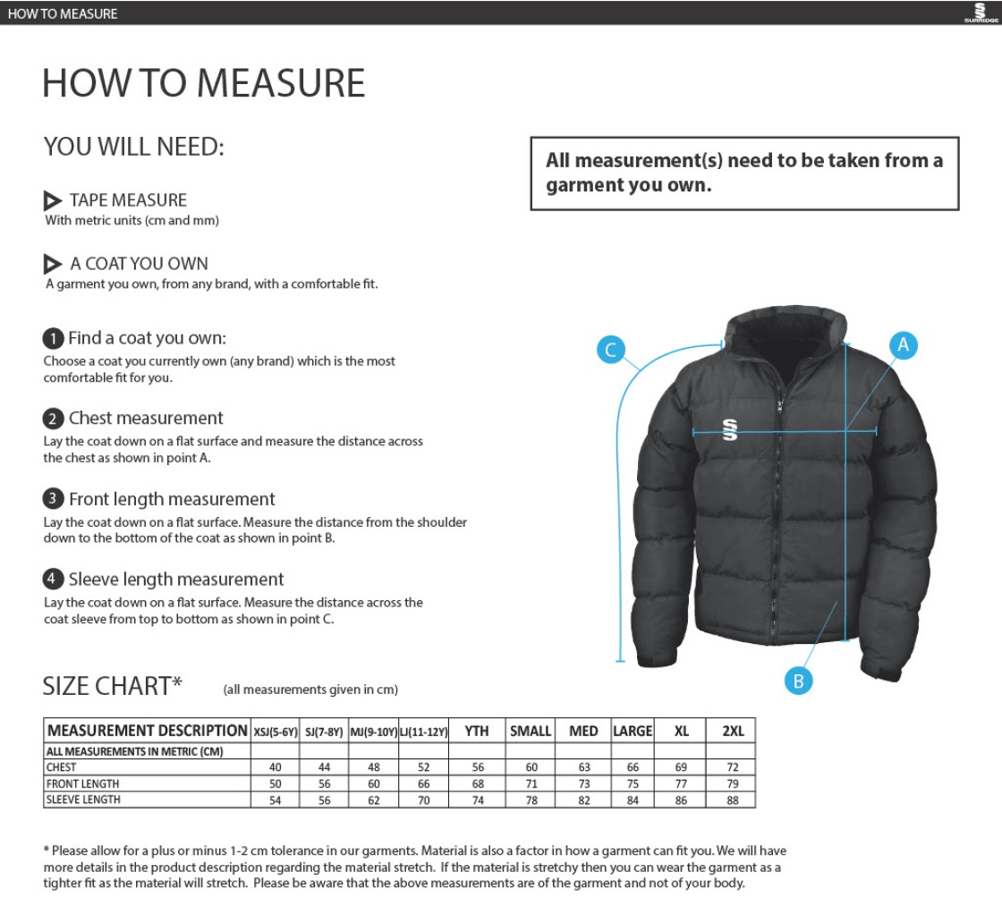 University of Chichester - Esports - Mens Puffa Jacket - Size Guide