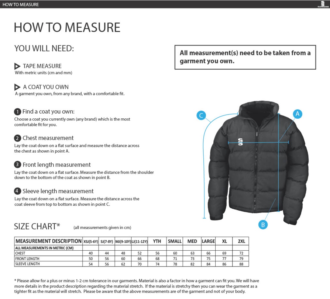 University of Chichester - Mens Puffa Jacket - Size Guide