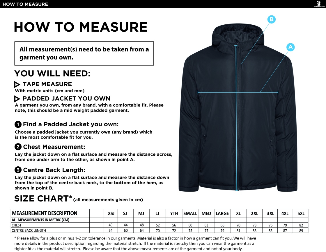 University of Chichester - Coaches Jacket - Size Guide