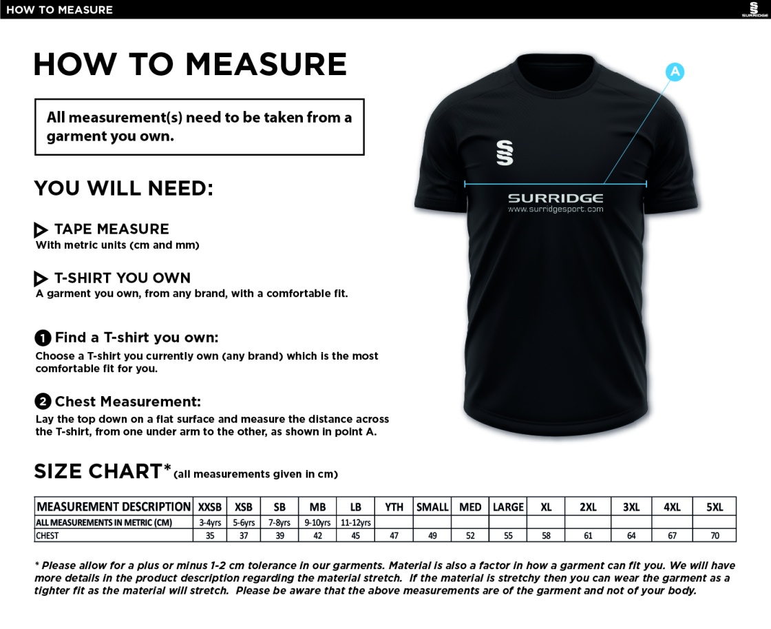 University of Chichester - Gym Training Shirt - Size Guide