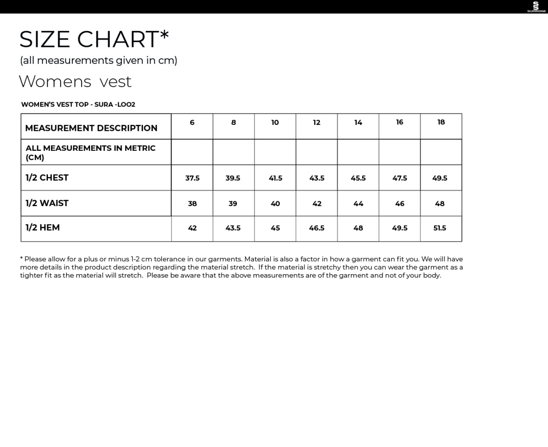 UOC WOMEN'S ATHLETICS VEST - Size Guide
