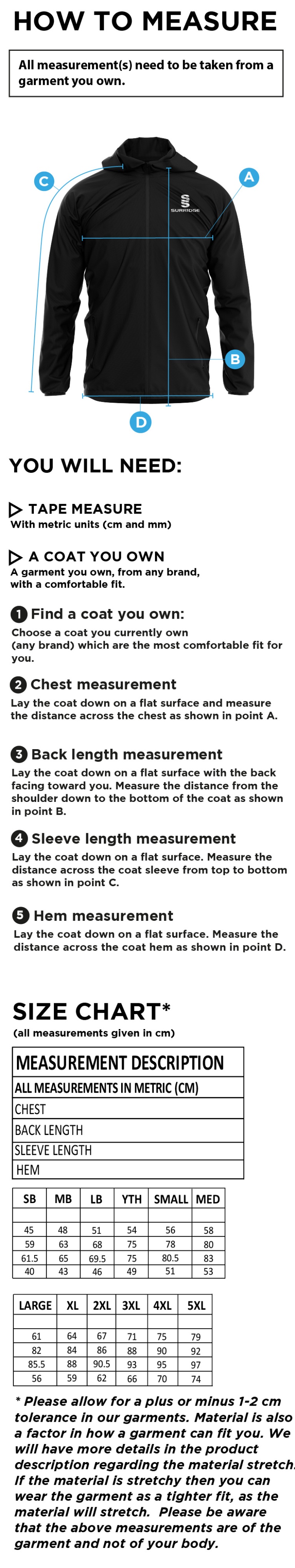 University of Chichester - Training Jacket - Size Guide