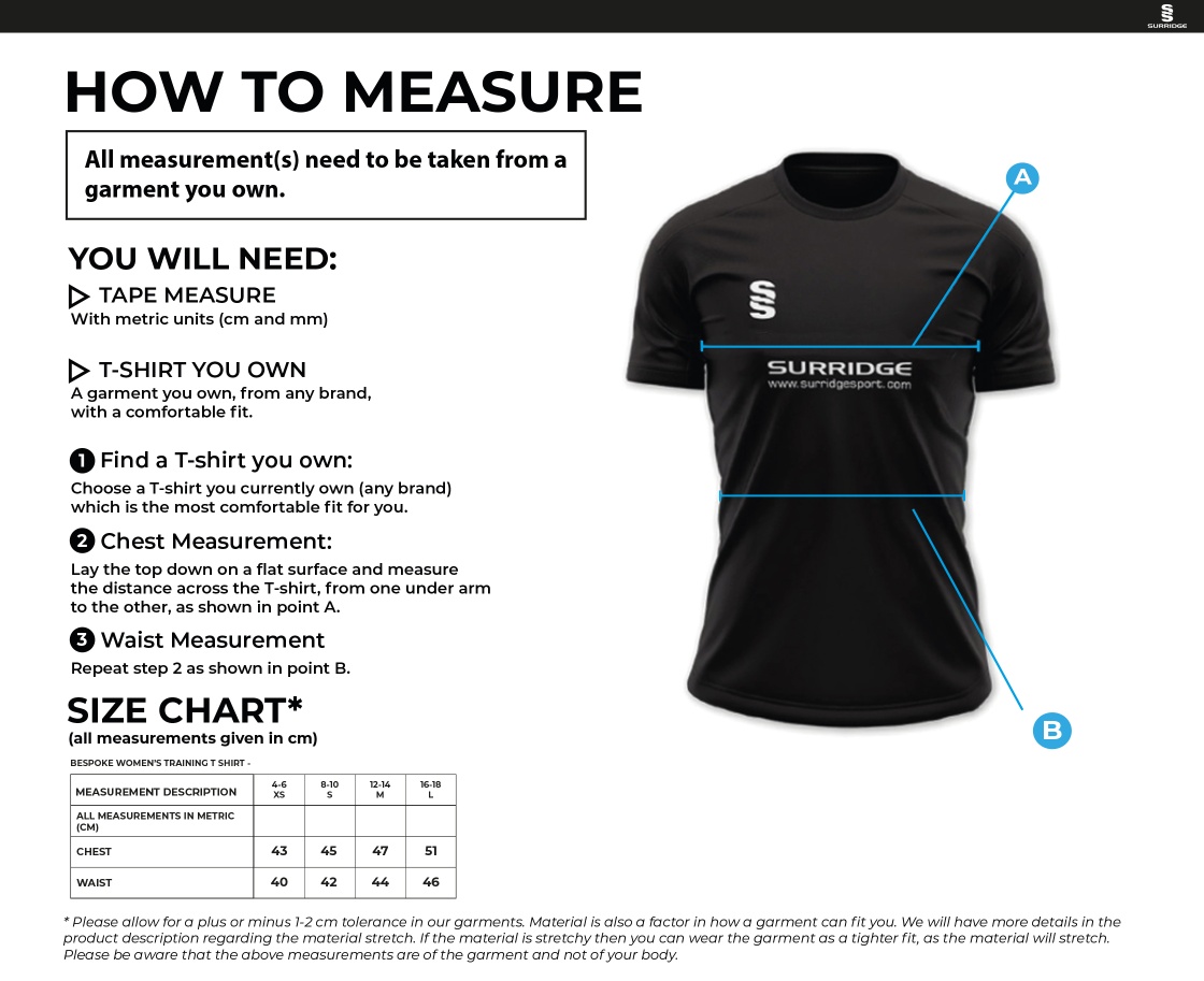 University of Chichester - Benchball - Women's Playing Shirt - Size Guide