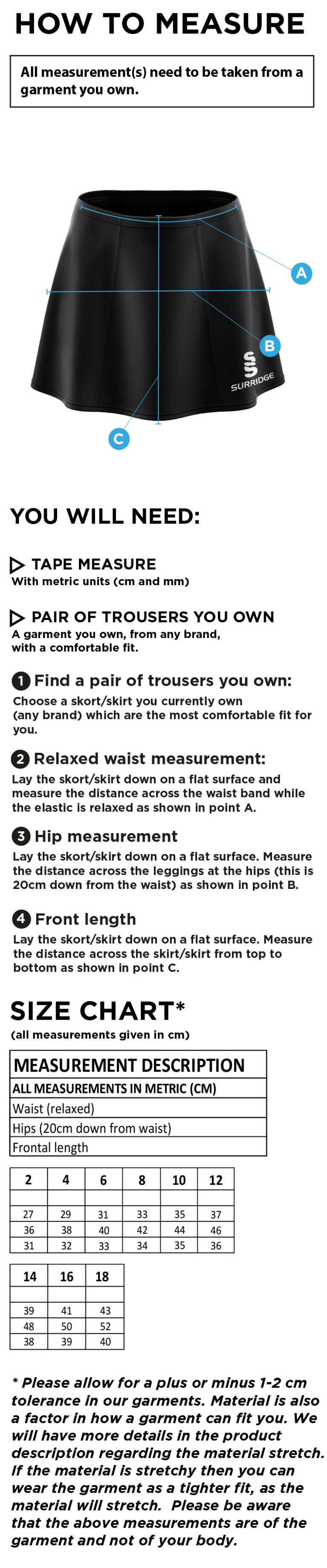 UOC WOMEN'S LACROSSE SKORT - Size Guide