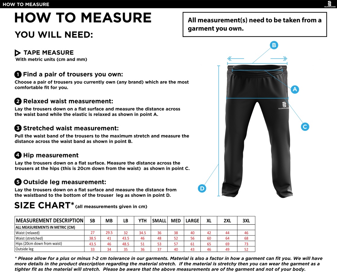 University of Chichester - Mens Ripstop Track Pant - Size Guide