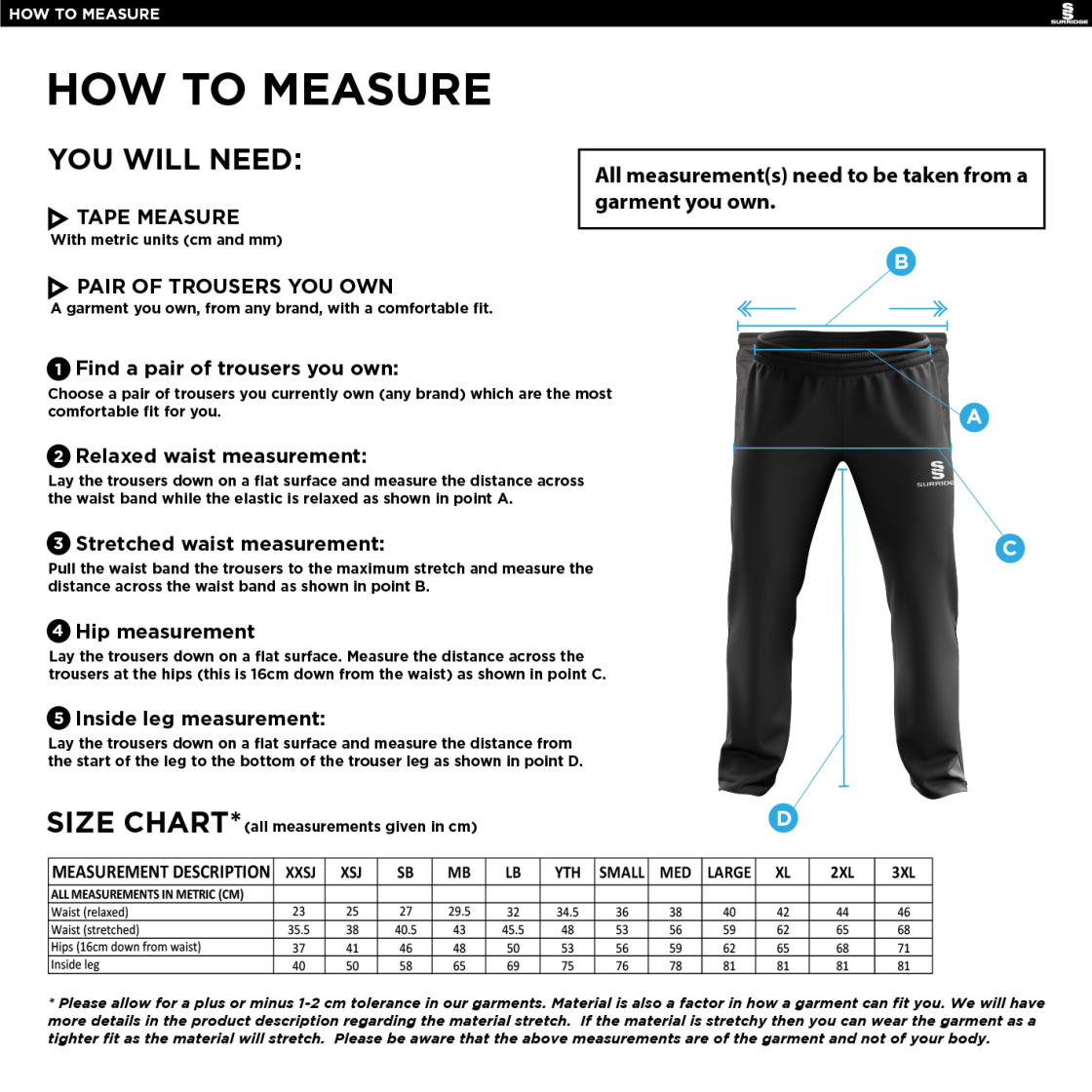 University of Chichester - Mens Track Pants - Size Guide