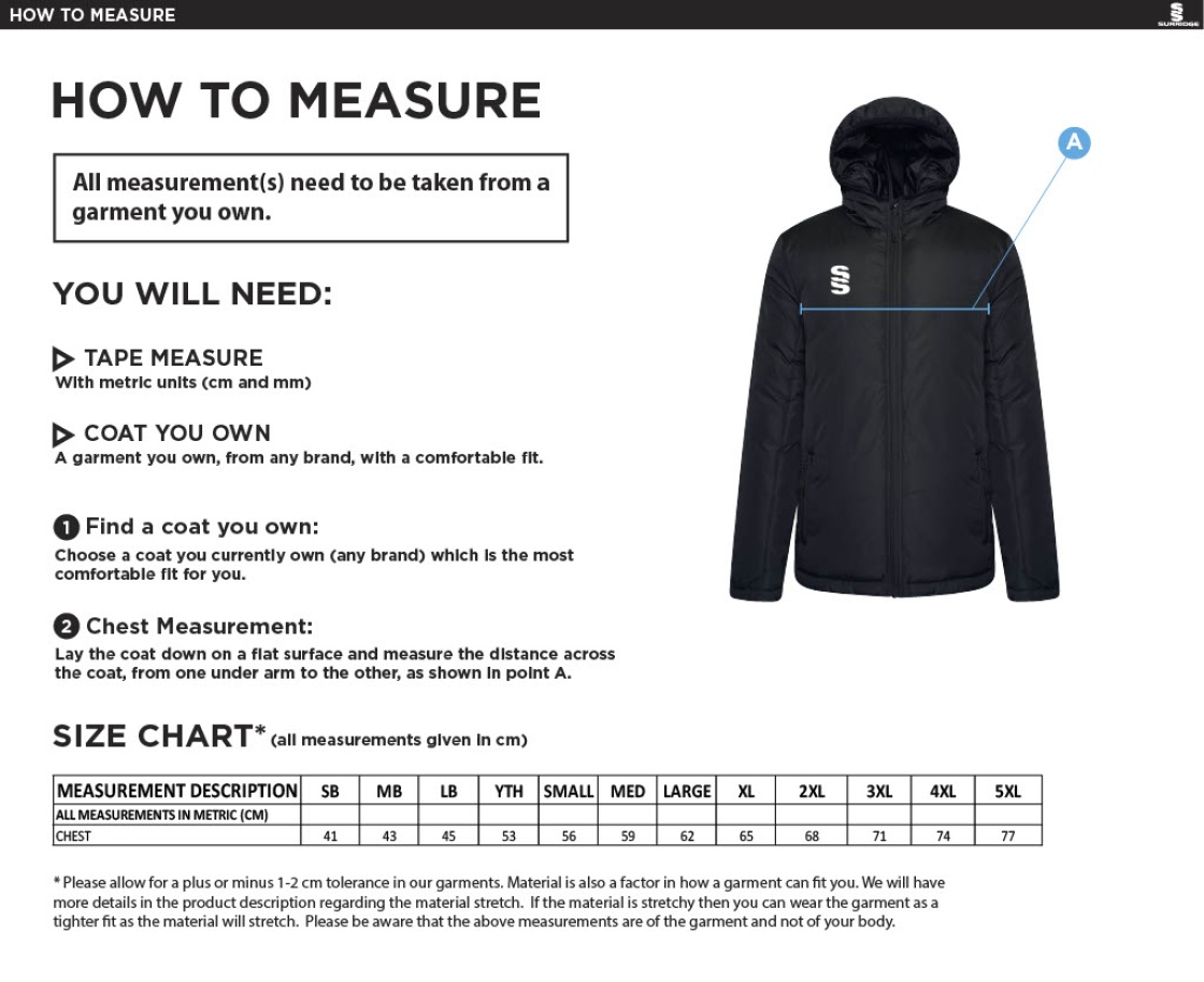 University of Chichester - Esports - Coaches Jacket - Size Guide