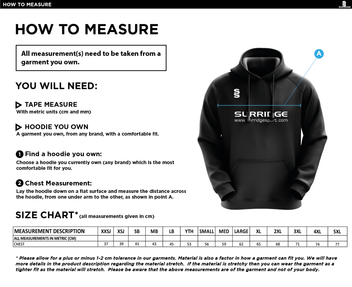 University of Chichester - Esports - Overhead Hoodie - Size Guide