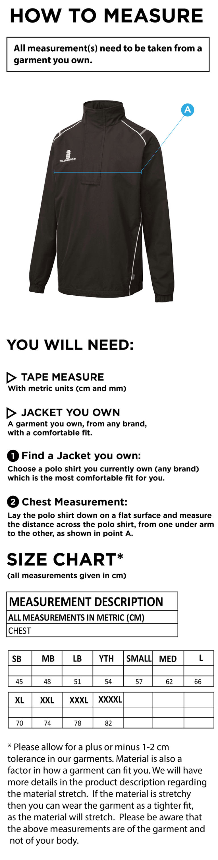 Curve 1/4 Zip Rain Jacket - Black/ White - Size Guide