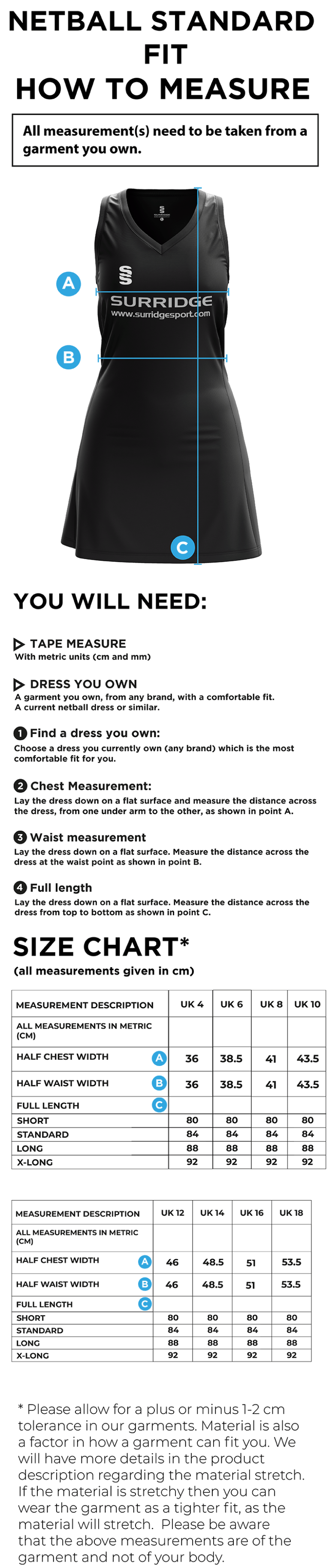 UOC NETBALL DRESS - Size Guide
