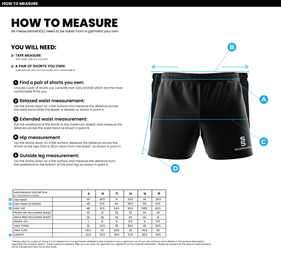 UOC WOMEN'S RUGBY SHORT - Size Guide