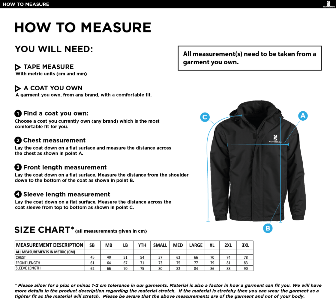 University of Chichester - Fleece Lined Jacket - Size Guide