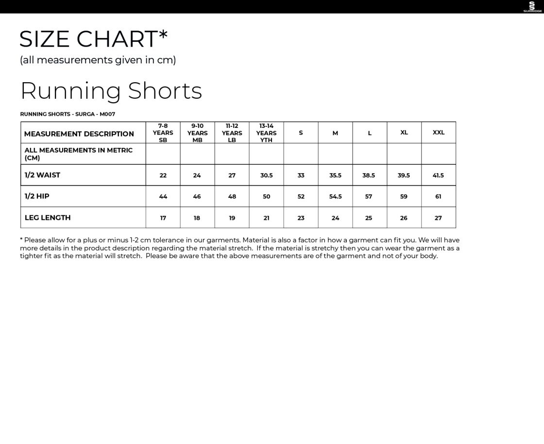 UOC ATHLETICS SHORTS - Size Guide