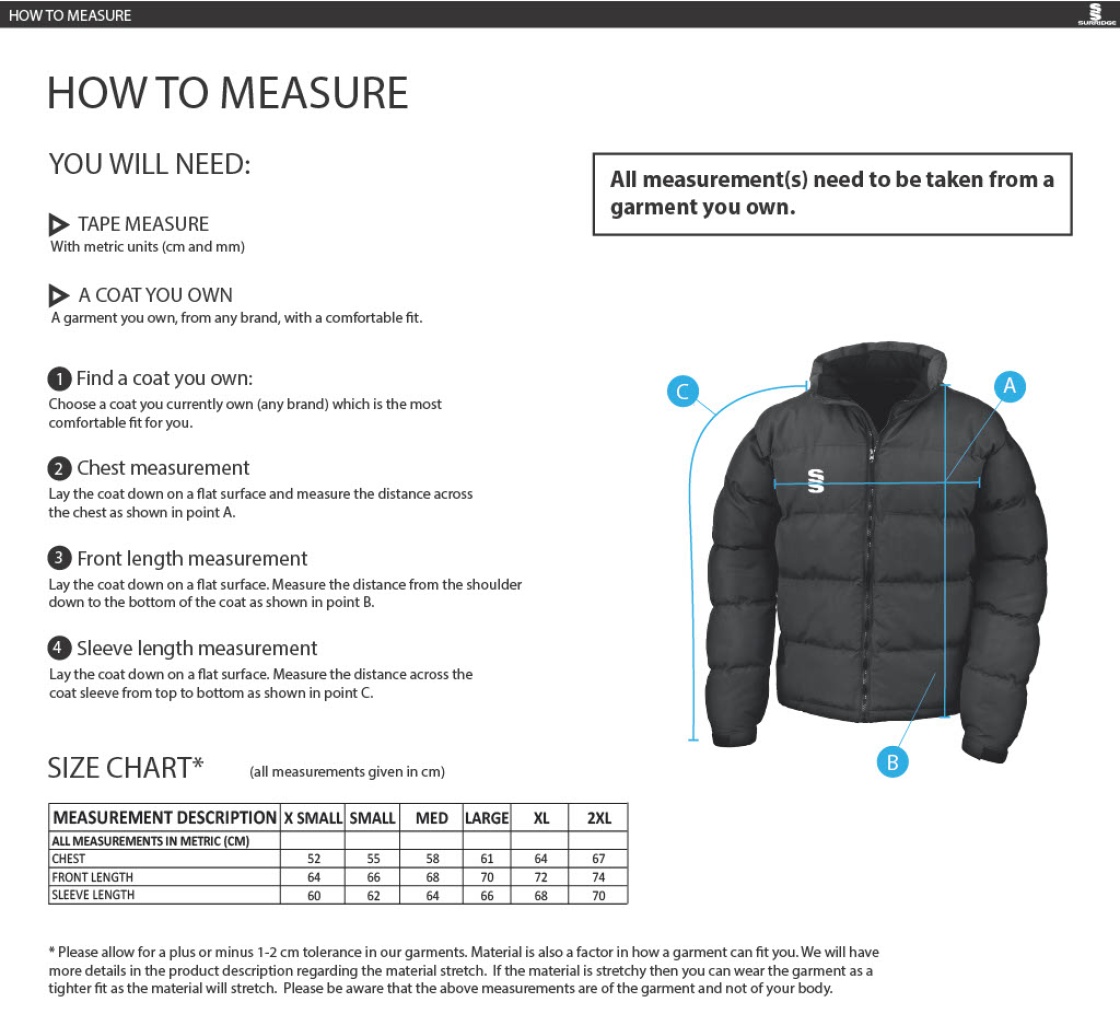 University of Chichester - Womens Puffa Jacket - Size Guide