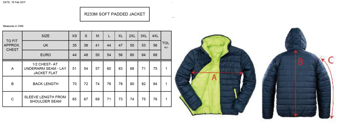 University of Chichester - Padded Jacket - Size Guide