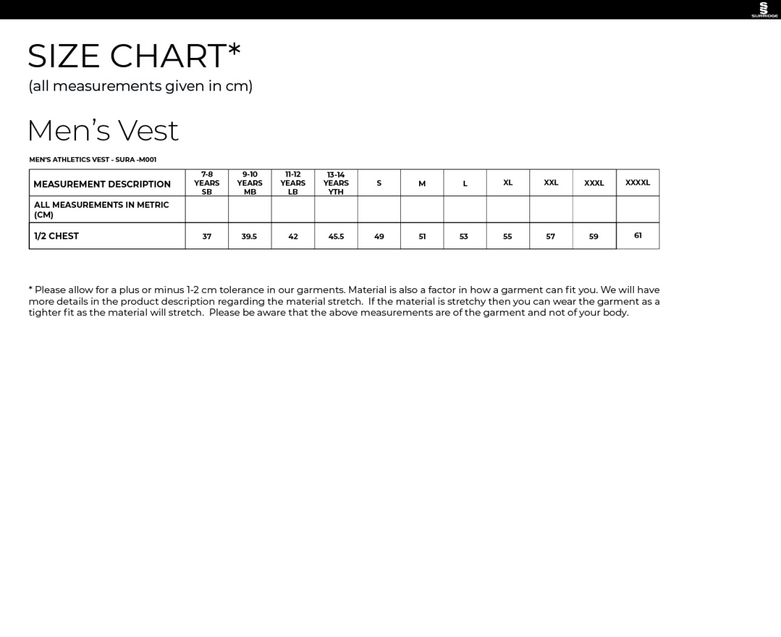 UOC MENS ATHLETICS VEST - Size Guide