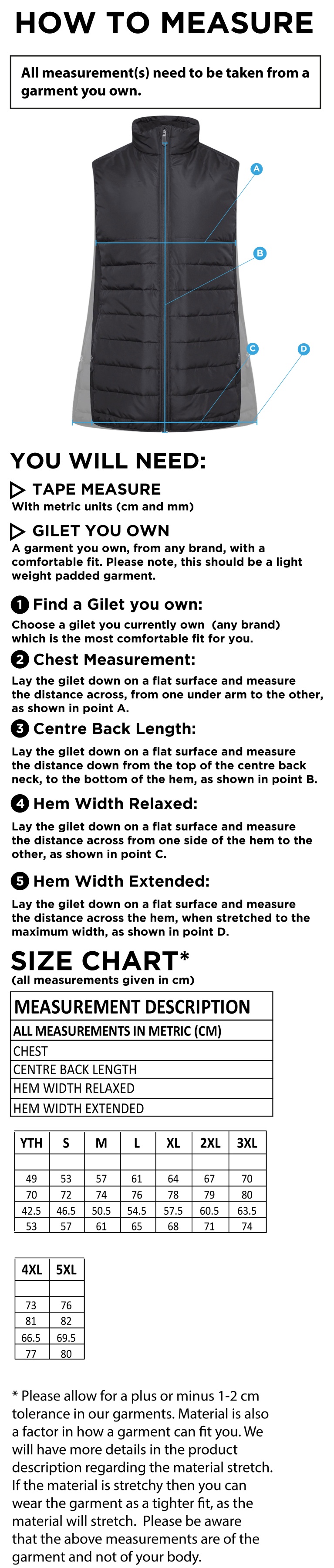 University of Chichester - Gilet - Size Guide