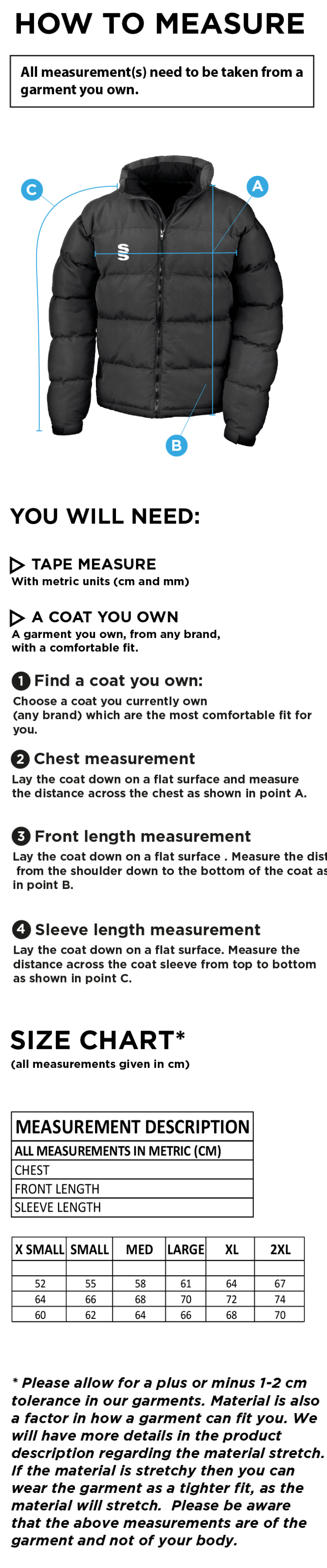 University of Chichester - Womens Puffa Jacket - Size Guide